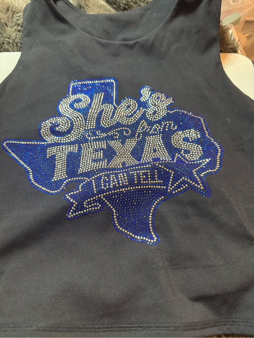 Women's Black Rhinestone 'She's from Texas' sports bra. Sample style